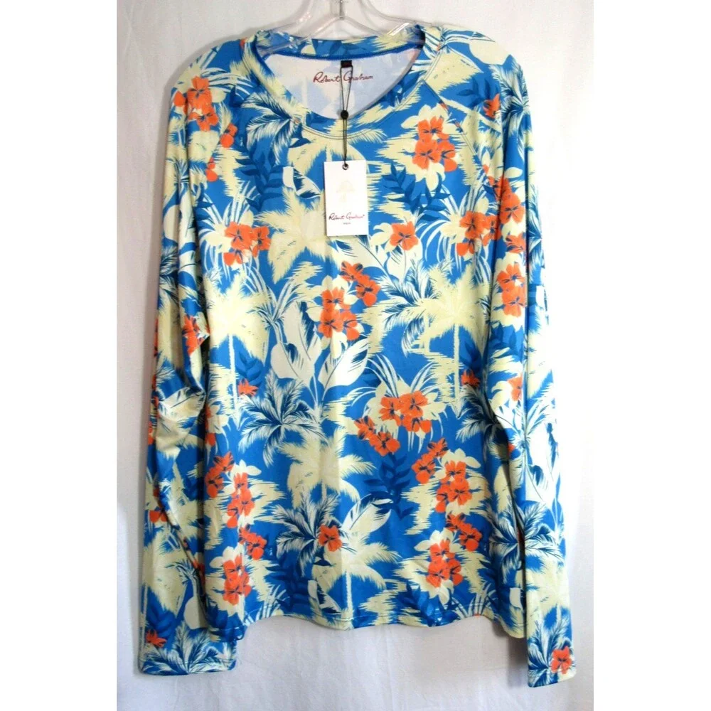 Robert Graham Blue Tropical Forest Azure UV 50+ Long Sleeve Shirt Size 2XL NWT